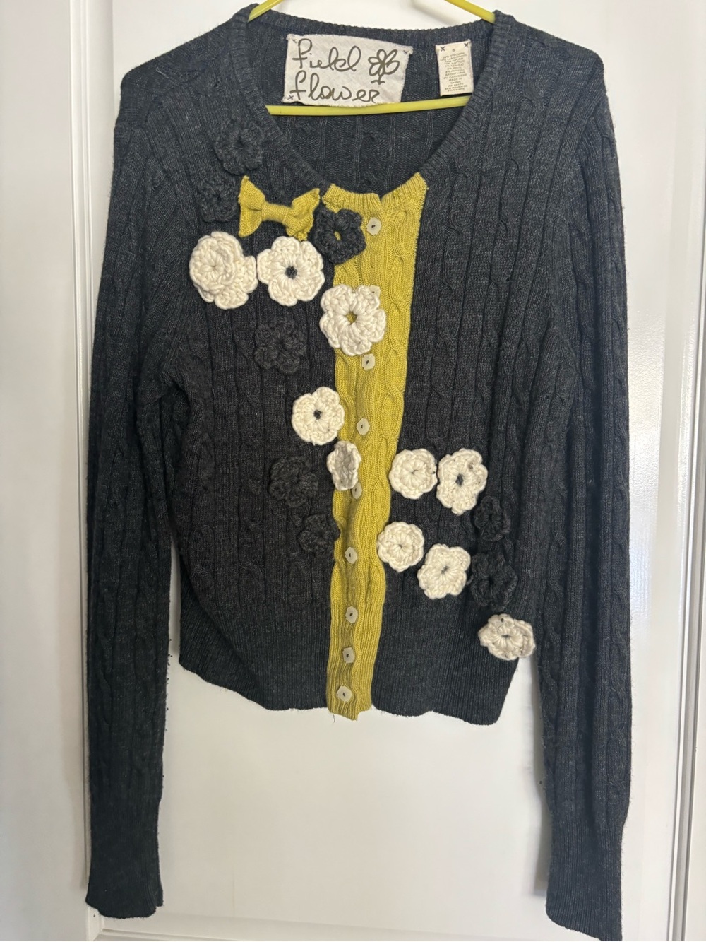 Anthropologie Charcoal Gray Cardigan Sweater with Mustard Trim & Floral Appliqué